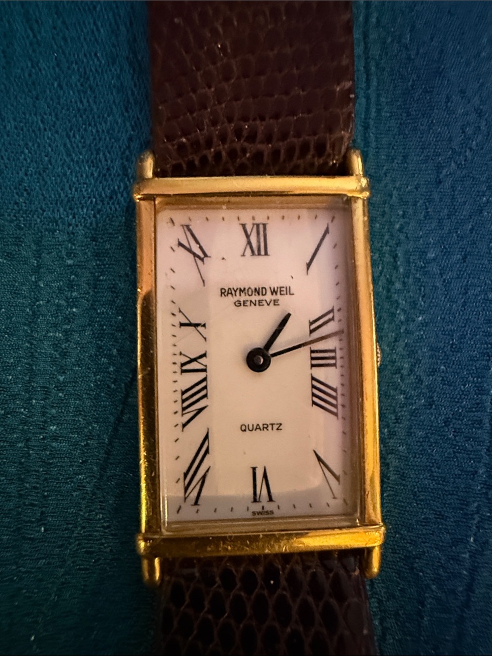 Raymond Weil Gold Rectangular Dial Watch with Brown Leather Strap